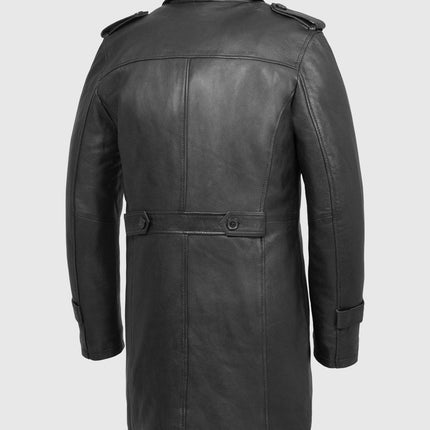 FM Men's Black Leather Trench Overcoat Jacket