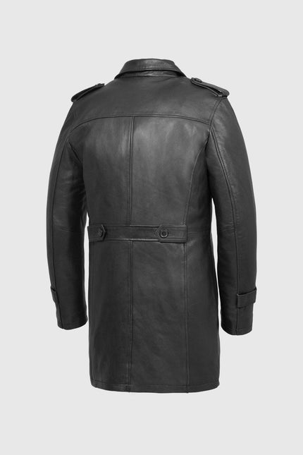 FM Men's Black Leather Trench Overcoat Jacket