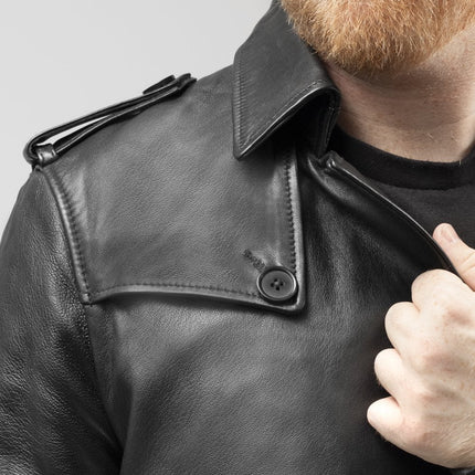 FM Men's Black Leather Trench Overcoat Jacket