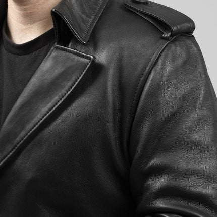 FM Men's Black Leather Trench Overcoat Jacket