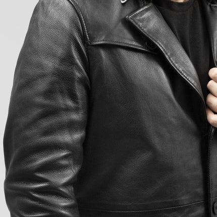 FM Men's Black Leather Trench Overcoat Jacket