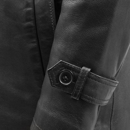 FM Men's Black Leather Trench Overcoat Jacket