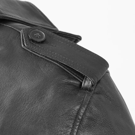 FM Men's Black Leather Trench Overcoat Jacket