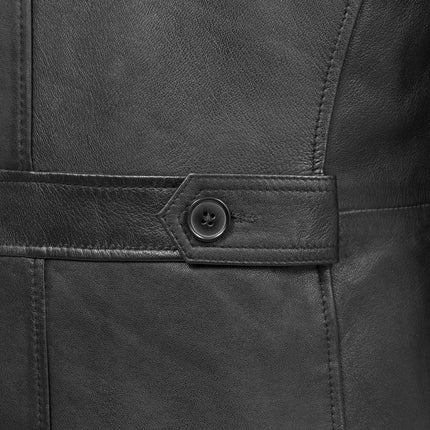 FM Men's Black Leather Trench Overcoat Jacket