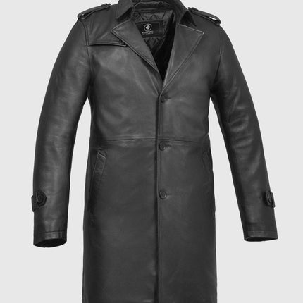 FM Men's Black Leather Trench Overcoat Jacket