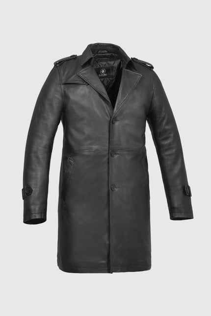 FM Men's Black Leather Trench Overcoat Jacket