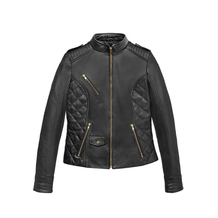 FM Women's Black Lambskin Leather Moto Fashion Jacket