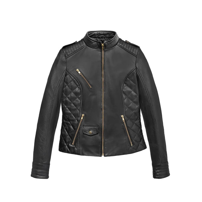 FM Women's Black Lambskin Leather Moto Fashion Jacket