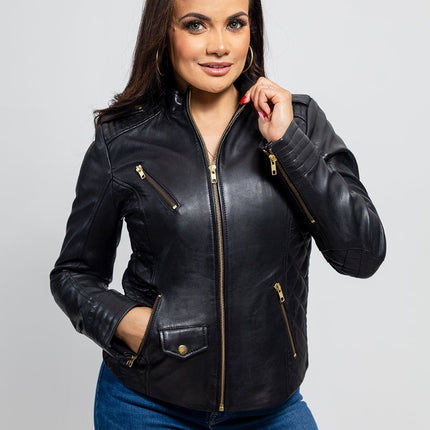 FM Women's Black Lambskin Leather Moto Fashion Jacket