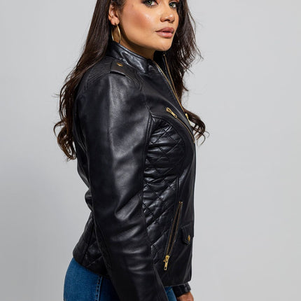 FM Women's Black Lambskin Leather Moto Fashion Jacket