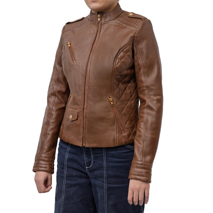 FM Women's Brown Lambskin Leather Moto Fashion Jacket