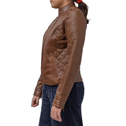 FM Women's Brown Lambskin Leather Moto Fashion Jacket