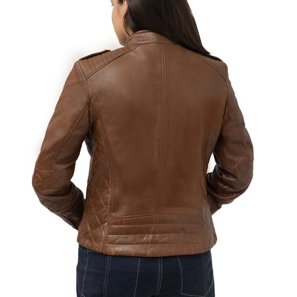 FM Women's Brown Lambskin Leather Moto Fashion Jacket