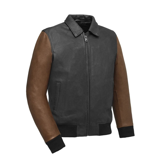 FM Men's Two Tone Moto Leather Bomber Jacket Black/Brown
