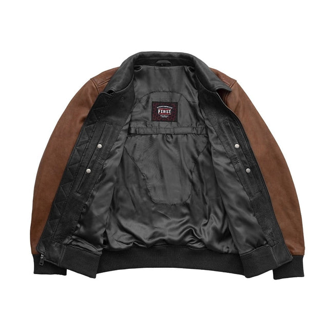 FM Men's Two Tone Moto Leather Bomber Jacket Black/Brown