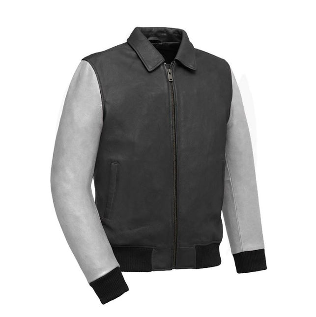 FM Men's Two Tone Moto Leather Bomber Jacket Black/White
