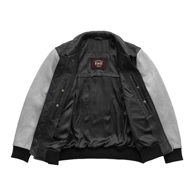 FM Men's Two Tone Moto Leather Bomber Jacket Black/White