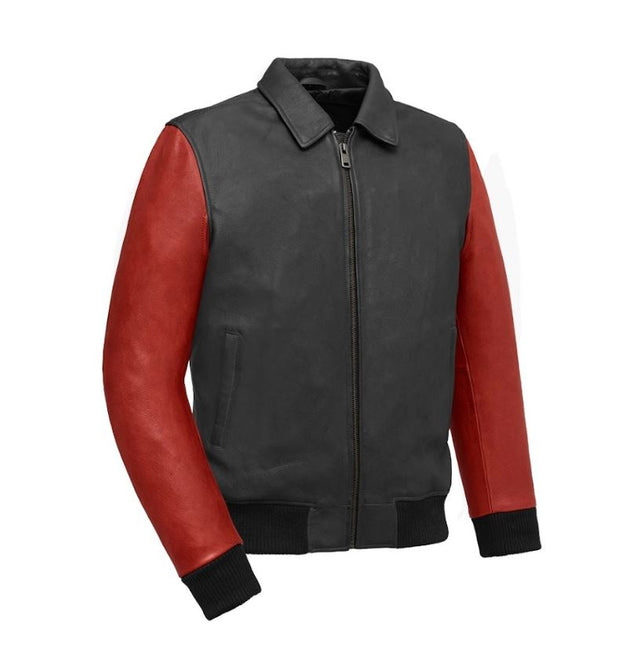 FM Men's Two Tone Moto Leather Bomber Jacket Black/Red