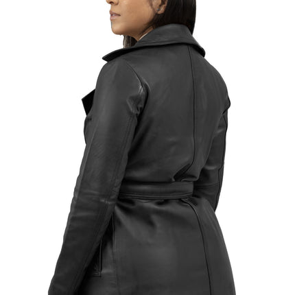 FM Women's 3/4 Length Black Leather Trench Coat