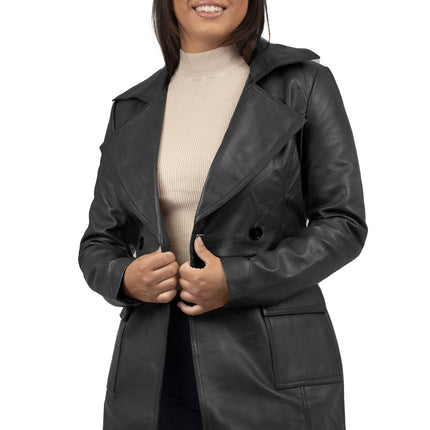 FM Women's 3/4 Length Black Leather Trench Coat