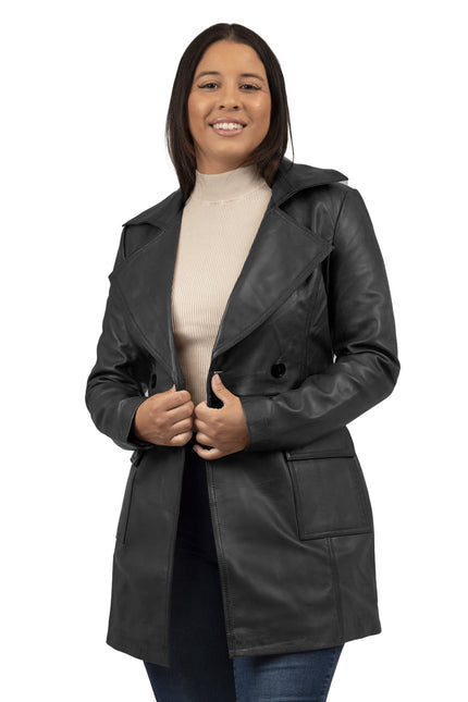 FM Women's 3/4 Length Black Leather Trench Coat