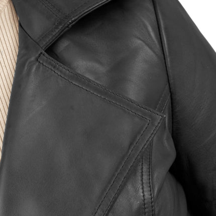 FM Women's 3/4 Length Black Leather Trench Coat