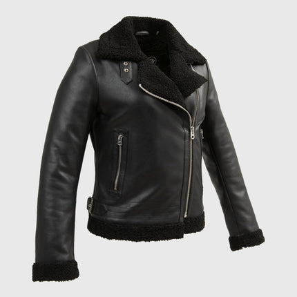 FM Women's Asymmetrical Zipper Black Shearling Leather Jacket