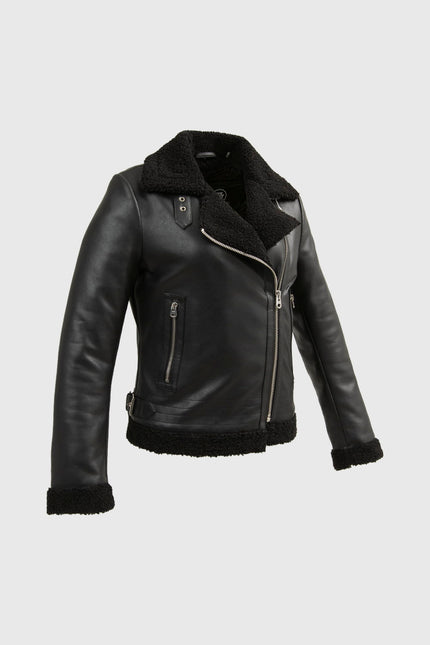 FM Women's Asymmetrical Zipper Black Shearling Leather Jacket