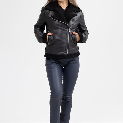 FM Women's Asymmetrical Zipper Black Shearling Leather Jacket