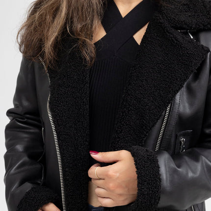 FM Women's Asymmetrical Zipper Black Shearling Leather Jacket