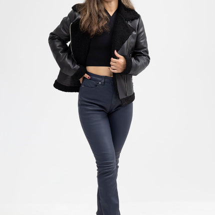 FM Women's Asymmetrical Zipper Black Shearling Leather Jacket