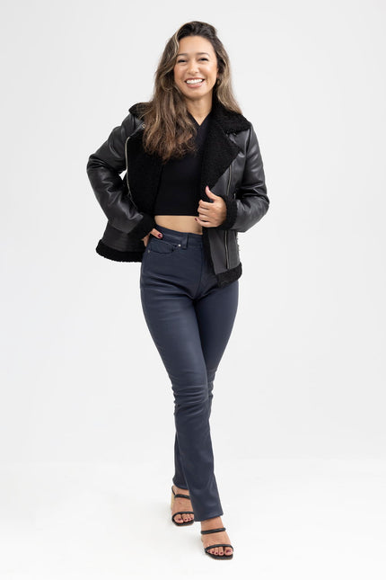 FM Women's Asymmetrical Zipper Black Shearling Leather Jacket