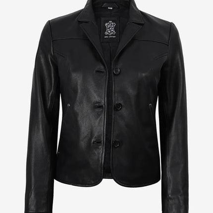 Women's Cropped Length 3 Button Black Leather Blazer