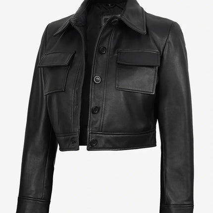 Women's Black Cropped Leather Trucker Jacket