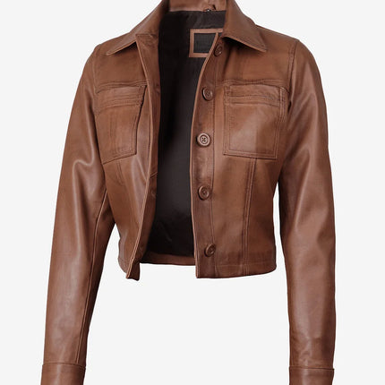 Women's Cropped Cognac Leather Jacket