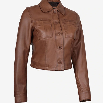Women's Cropped Cognac Leather Jacket