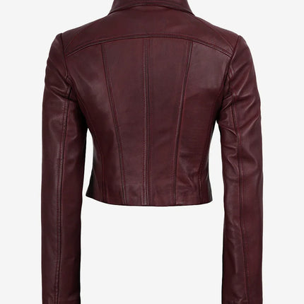 Women's Spread Collar Burgundy Cropped Leather Jacket