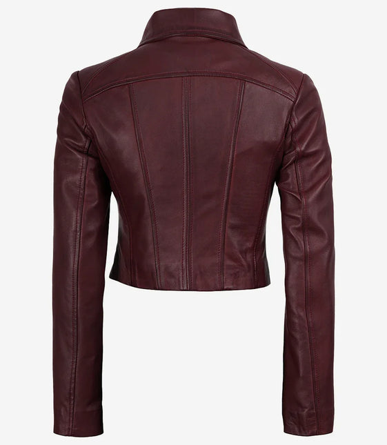 Women's Spread Collar Burgundy Cropped Leather Jacket