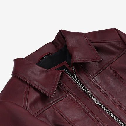 Women's Spread Collar Burgundy Cropped Leather Jacket