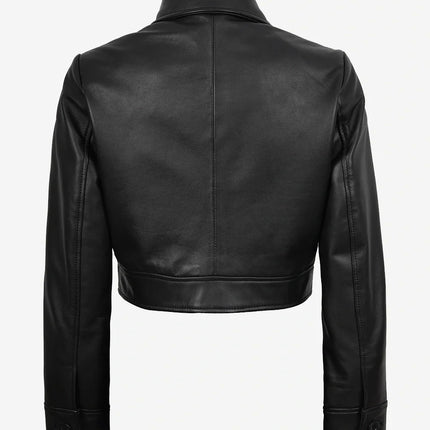 Women's Black Cropped Leather Trucker Jacket