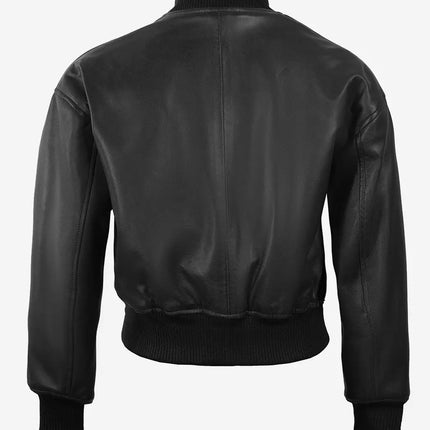 Women's Black Varsity Cropped Leather Bomber Jacket