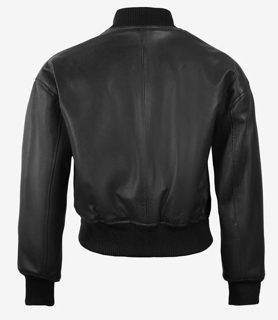 Women's Black Varsity Cropped Leather Bomber Jacket
