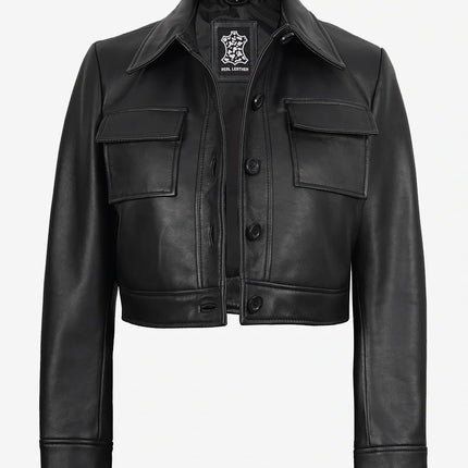 Women's Black Cropped Leather Trucker Jacket