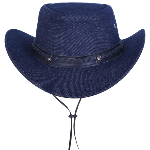 Denim Cowboy Western Hat With Braided Leather Band & Adjustable Chin Strap