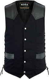 Mara Leather 100% Cotton Adjustable Black Denim Motorcycle Vest W/Leather Touch
