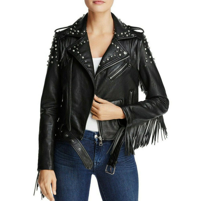 Women Fashion Silver Studded Punk Rock star Leather Biker Jacket Black All Sizes