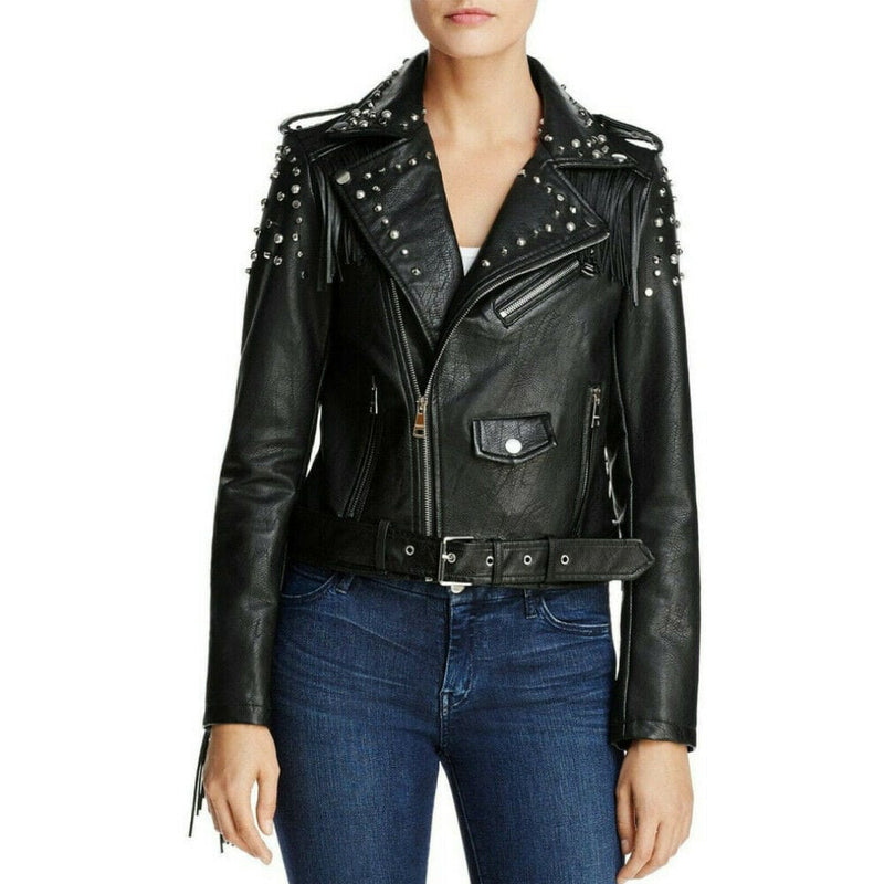 Women Fashion Silver Studded Punk Rock star Leather Biker Jacket Black All Sizes