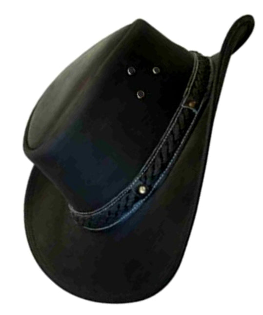 Stylish Black Genuine Leather Braided Cowboy Hat