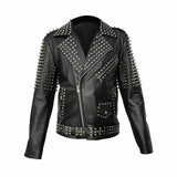 Mens Real Black Leather Spike Jacket Studded Punk Style Cropped Jacket