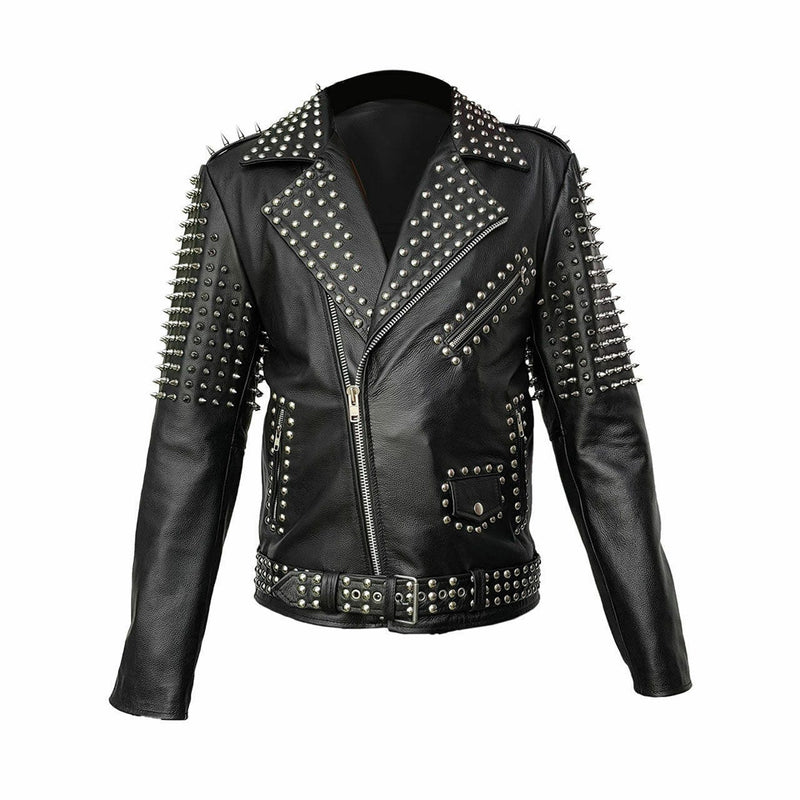 Mens Real Black Leather Spike Jacket Studded Punk Style Cropped